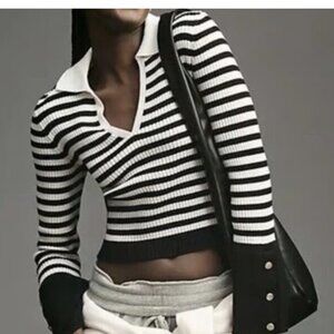 Maeve by Anthropologie Black & White Striped Bell Sleeve Sweater